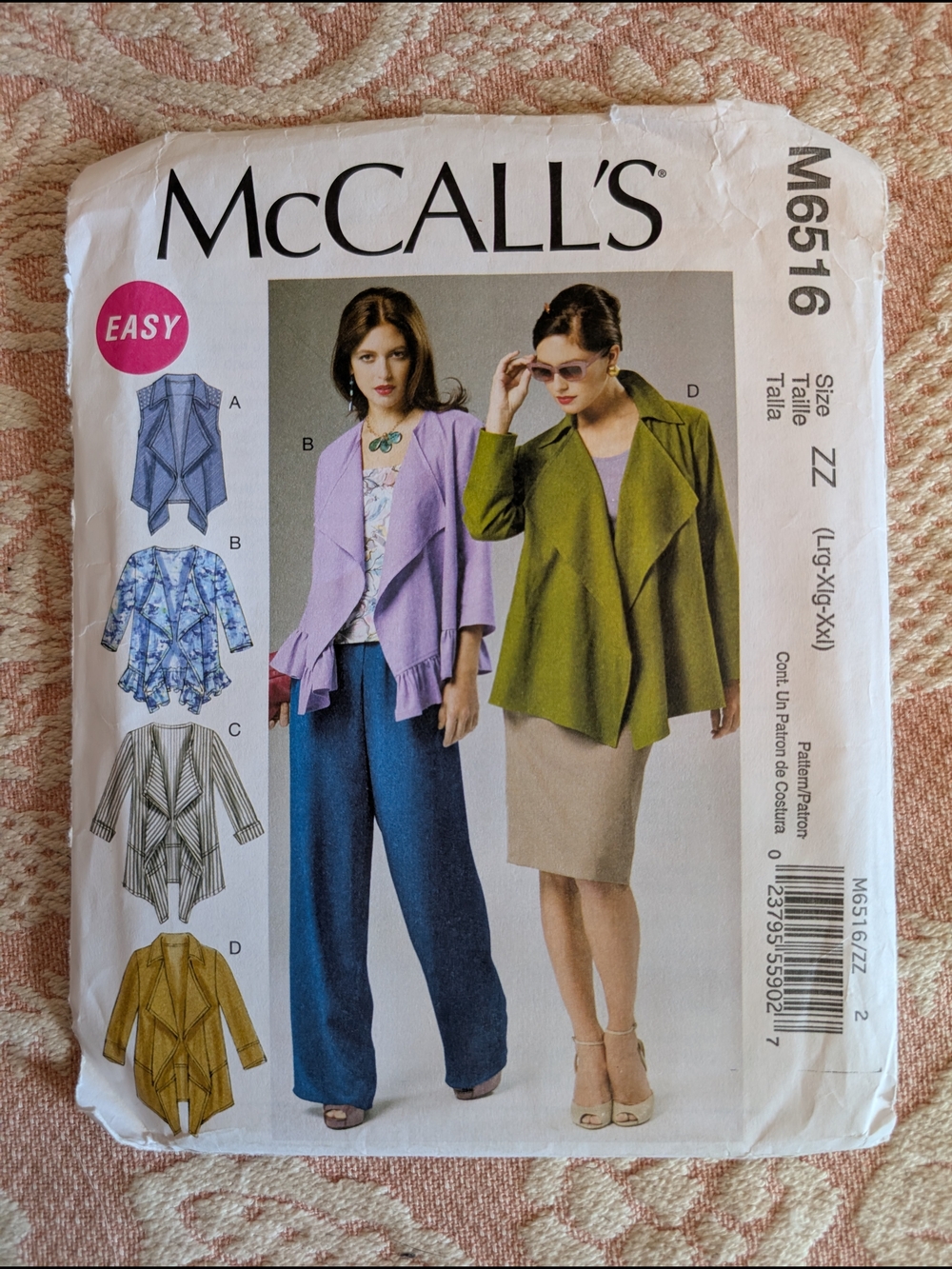 McCALL'S Women's Draped Jacket Sewing Pattern in Lilac and Olive